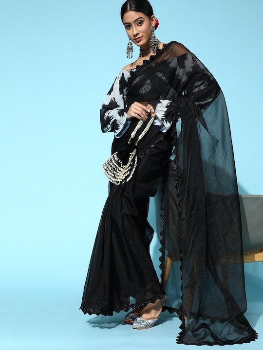 Black Solid Organza Saree with Tie & Dye Blouse - Inddus.com