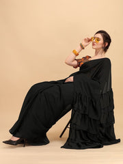 Black Solid Ruffled Saree with Printed Blouse - inddus-us