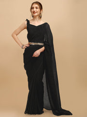 Black Solid Ruffled Silk Blend Saree With Embellished Belt - Inddus.com