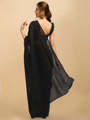Black Solid Ruffled Silk Blend Saree With Embellished Belt - Inddus.com