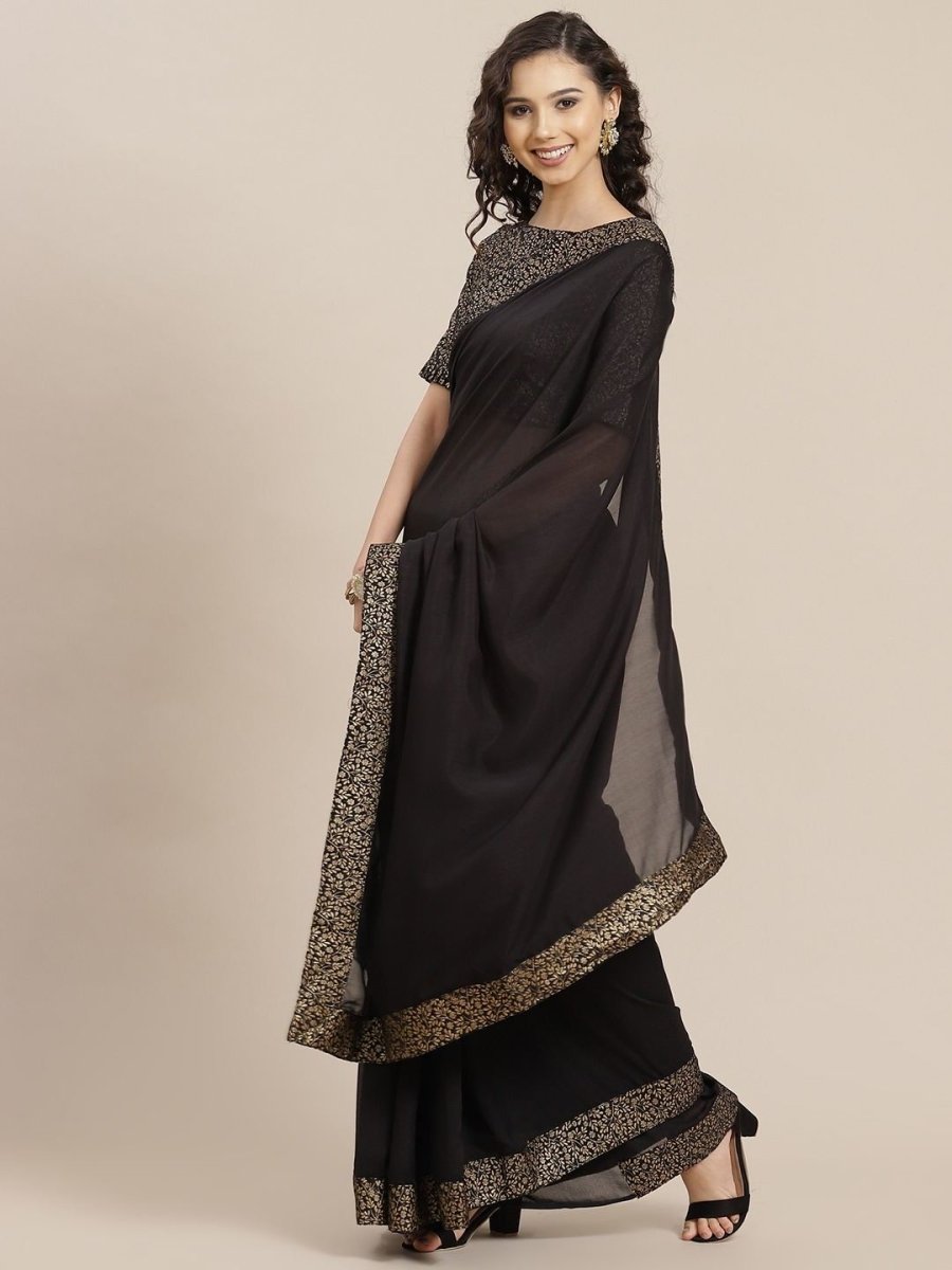 Black Solid Saree with Woven Border - inddus-us