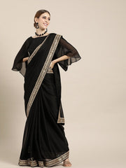 Black Solid Silk Blend Saree - inddus-us