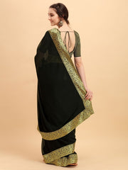 Black Solid Woven Border Saree with Woven Blouse - inddus-us