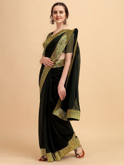 Black Solid Woven Border Saree with Woven Blouse - inddus-us