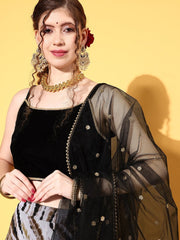 Black & White Embellished Semi-Stitched Lehenga & Unstitched Blouse With Dupatta - Inddus.com