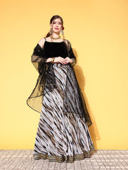 Black & White Embellished Semi-Stitched Lehenga & Unstitched Blouse With Dupatta - Inddus.com