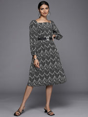 Black & White Tribal A-Line Midi Dress - Inddus.com