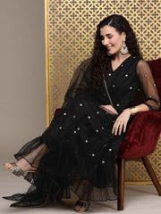 Black Women Floral Embroidered Regular Sequinned Kurta with Trousers & With Dupatta - Inddus.com