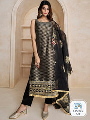 Black Woven Design Thread Work & Zari Straight Kurta & Trousers With Dupatta - Inddus.com
