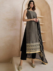 Black Woven Design Thread Work & Zari Straight Kurta & Trousers With Dupatta - Inddus.com