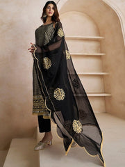 Black Woven Design Thread Work & Zari Straight Kurta & Trousers With Dupatta - Inddus.com