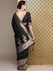 Black Zari Silk Blend Saree - Inddus.com
