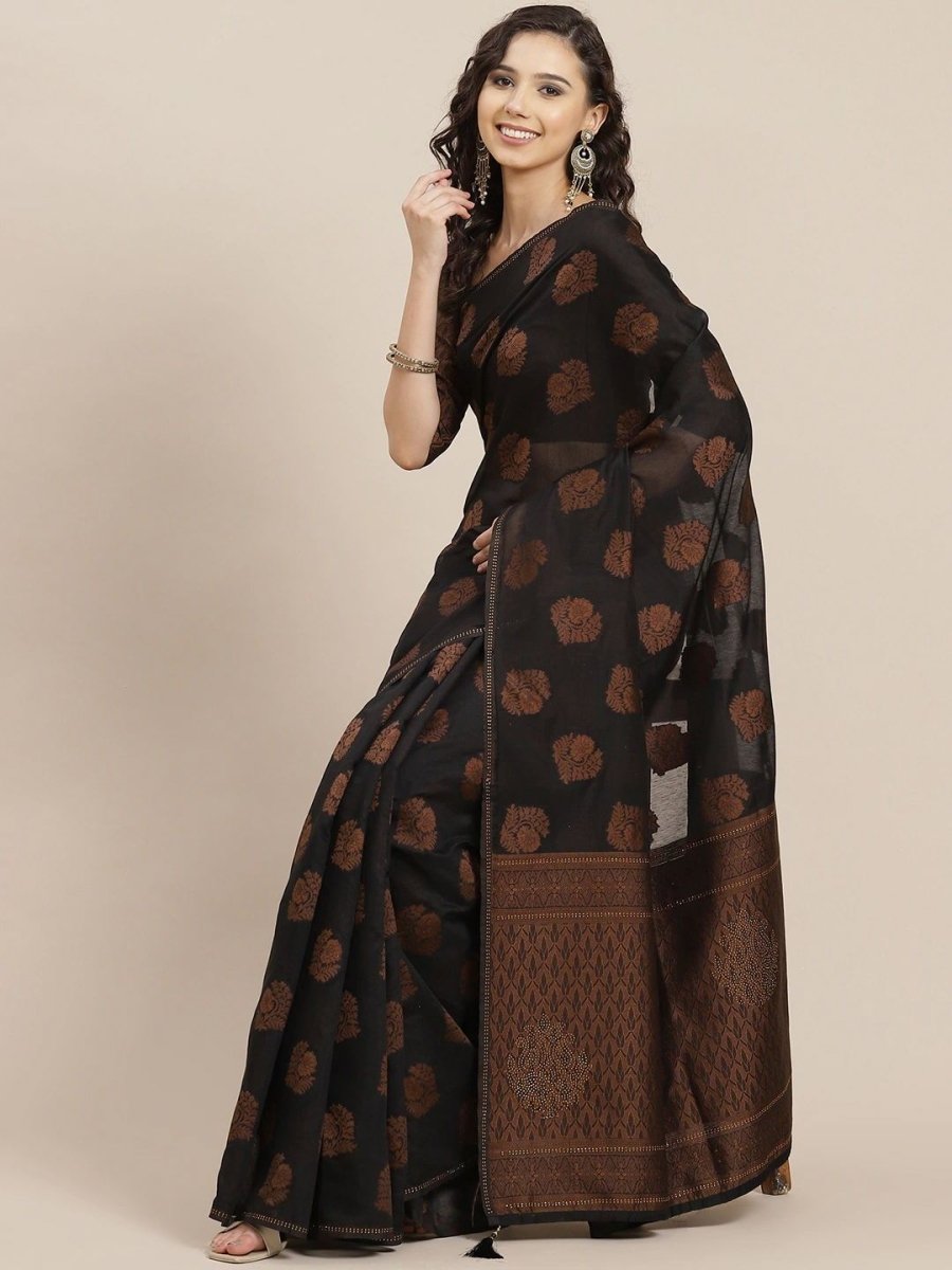 Black Zari Woven Embellished Saree - inddus-us