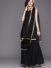 Black Zari Woven Kurta with Tierred Sharara and Net Dupatta - Inddus.com