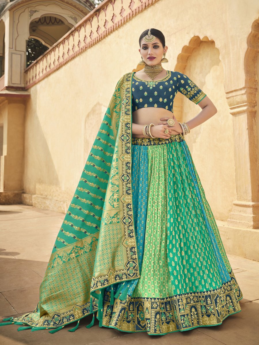 Blue and Green Silk Wedding Lehenga Choli - Inddus.com