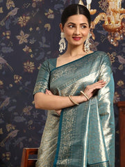 Blue and silver-toned Ethnic Motifs Zari Saree - Inddus.com