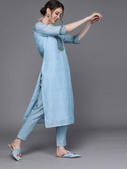 Blue Chanderi Cotton Solid Straight Cut Suit - inddus-us