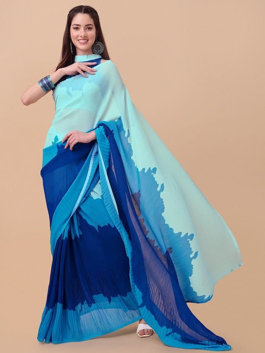Blue Colourblocked Saree - Inddus.com