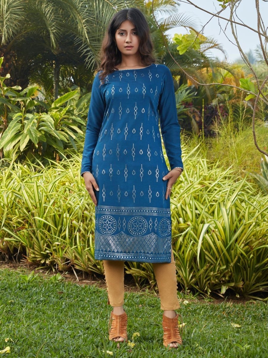 Blue Cotton Foil Printed Casual Wear Kurta - inddus-us