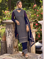 Blue Embroidered Festive-Wear Straight-Cut-Suit - Inddus.com
