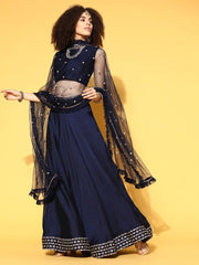 Blue Embroidered Lehenga with Dupatta and Blouse - Inddus.com