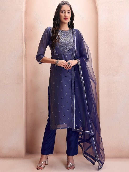 Blue Floral Embroidered Mukaish Chanderi Cotton Kurta With Trousers & Dupatta - Inddus.com