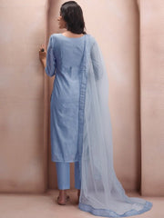 Blue Floral Embroidered Mukaish Chanderi Cotton Kurta With Trousers & Dupatta - Inddus.com