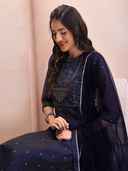 Blue Floral Embroidered Mukaish Chanderi Cotton Kurta With Trousers & Dupatta - Inddus.com