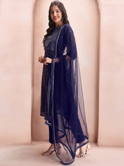 Blue Floral Embroidered Mukaish Chanderi Cotton Kurta With Trousers & Dupatta - Inddus.com