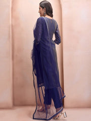 Blue Floral Embroidered Mukaish Chanderi Cotton Kurta With Trousers & Dupatta - Inddus.com