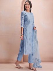 Blue Floral Embroidered Mukaish Chanderi Cotton Kurta With Trousers & Dupatta - Inddus.com