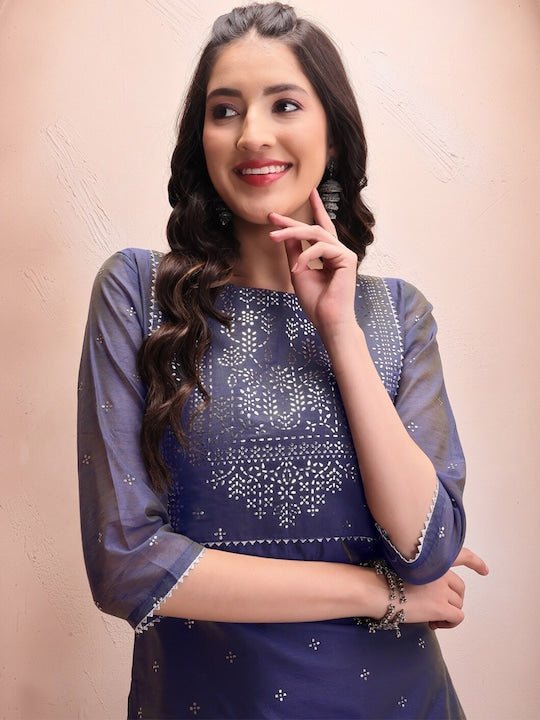 Blue Floral Embroidered Mukaish Chanderi Cotton Kurta With Trousers & Dupatta - Inddus.com