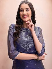 Blue Floral Embroidered Mukaish Chanderi Cotton Kurta With Trousers & Dupatta - Inddus.com