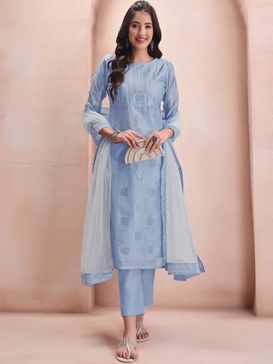 Blue Floral Embroidered Mukaish Chanderi Cotton Kurta With Trousers & Dupatta - Inddus.com