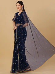 Blue Floral Embroidered Sequined Saree - Inddus.com