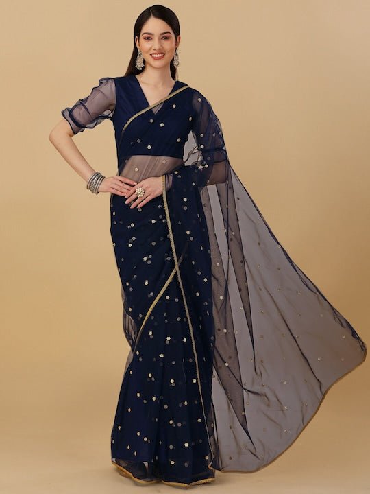 Blue Floral Embroidered Sequined Saree - Inddus.com