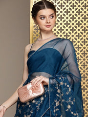 Blue Floral Embroidered Sequinned Organza Saree - Inddus.com