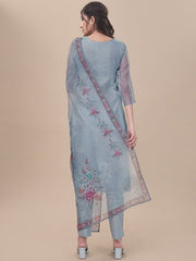 Blue Floral Embroidered Thread Work Kurta & Trousers With Dupatta - Inddus.com
