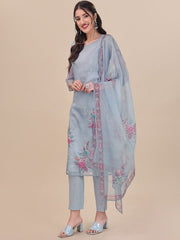 Blue Floral Embroidered Thread Work Kurta & Trousers With Dupatta - Inddus.com