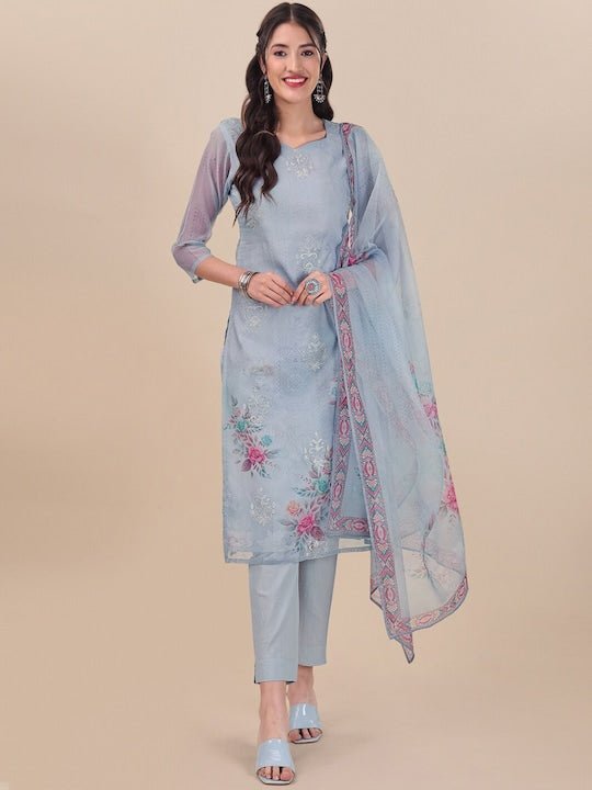 Blue Floral Embroidered Thread Work Kurta & Trousers With Dupatta - Inddus.com