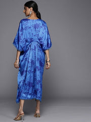 Blue Floral Print Kaftan Midi Dress - Inddus.com
