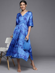 Blue Floral Print Kaftan Midi Dress - Inddus.com