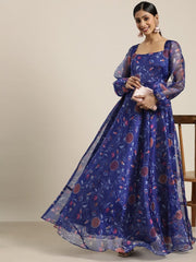 Blue Floral Printed Fit and Flared Organza Gown - Inddus.com