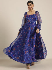 Blue Floral Printed Fit and Flared Organza Gown - Inddus.com