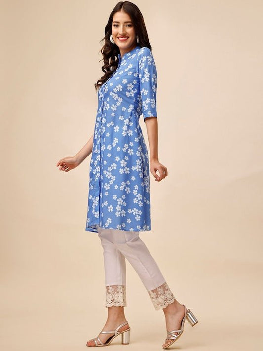 Blue Floral Printed Mandarin Collar A-Line Kurta - Inddus.com