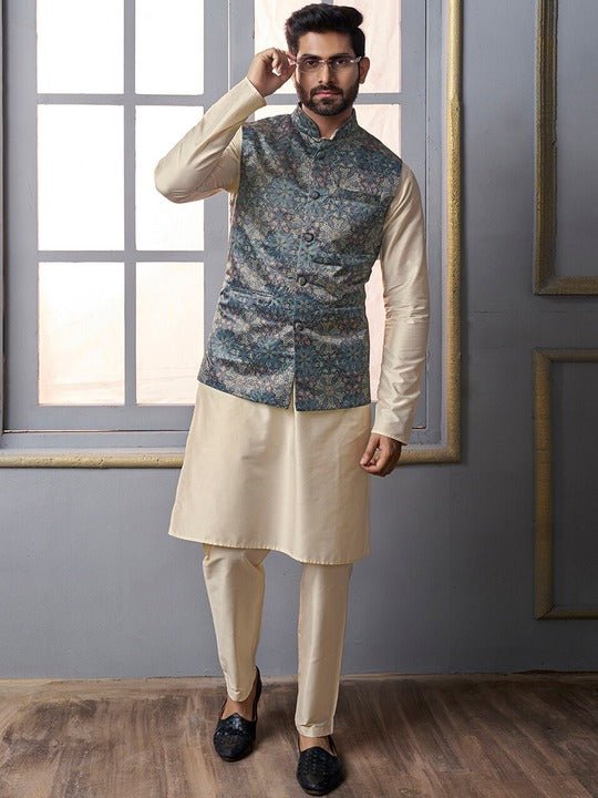 Blue Floral Printed Nehru Jacket - Inddus.com