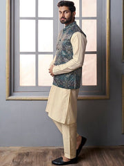 Blue Floral Printed Nehru Jacket - Inddus.com