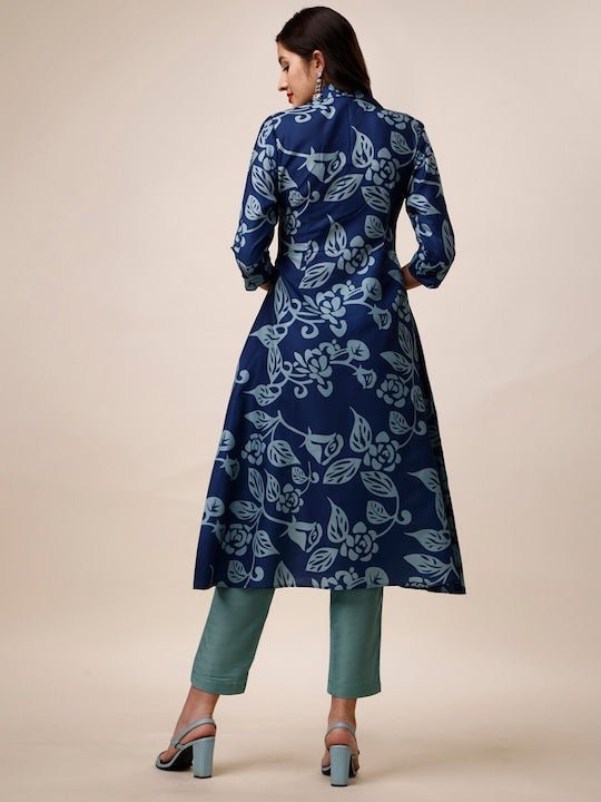 Blue Floral Printed Shirt Collar A-Line Kurta With Trousers - Inddus.com