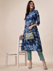 Blue Floral Printed Shirt Collar A-Line Kurta With Trousers - Inddus.com