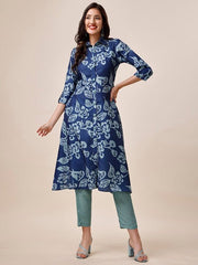 Blue Floral Printed Shirt Collar A-Line Kurta With Trousers - Inddus.com